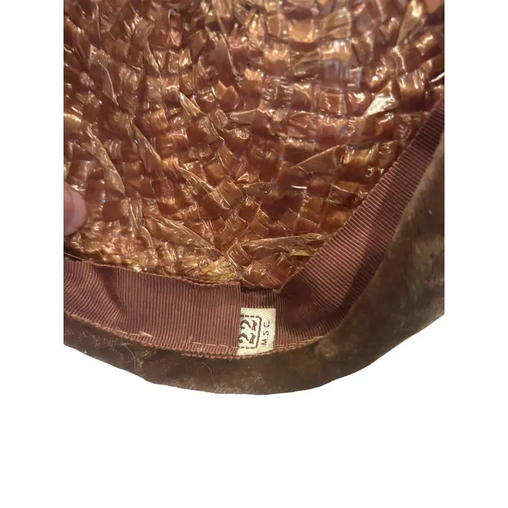 40s Brown Velvet Trim Woven Straw Tilt Hat Cocktail Fascinator Size 22